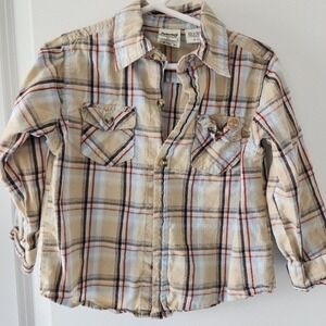 Kid's 3T Timberland Plaid Button Up Long Sleeve Shirt Beige Fall Holiday Western